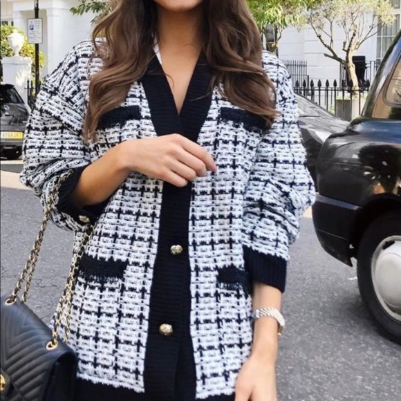 Zara Knit Graph Check Tweed Cardigan - Picture 6 of 8
